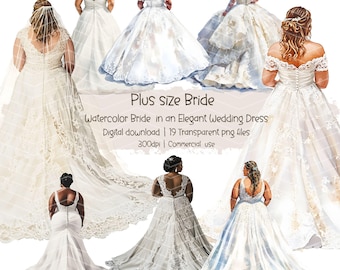 Novia de talla grande con un elegante vestido de novia, clipart de vestido de novia de acuarela, vista trasera de la novia PNG de boda, novia del día de la boda