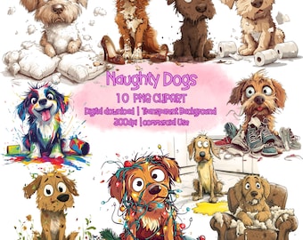Può includere: Un set di 10 immagini clipart digitali che mostrano cani dei cartoni animati in varie situazioni birichine. I cani sono raffigurati con vernice colorata, luci di Natale aggrovigliate, cuscini strappati e altri segni di problemi giocosi. Le immagini sono perfette per aggiungere un tocco di umorismo ai tuoi progetti digitali.