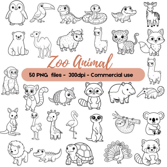 Zoo Animals Clipart Bundle, Animal Line Art, Zoo Coloring Pages, Wildlife Outline Graphics