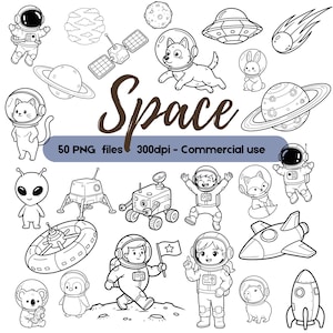 Puede incluir: Ilustraciones en blanco y negro con temática espacial, que incluyen astronautas, planetas, cohetes y personajes alienígenas. La palabra "Space" está escrita en una fuente decorativa. El texto dice "50 archivos PNG - 300dpi - Uso comercial."