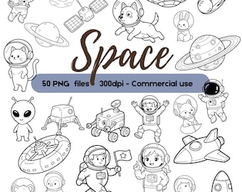 Space Line Art Clipart Bundle | Astronauts, Planets, Aliens, Rockets | Kids Space Doodles | Digital Coloring Pages