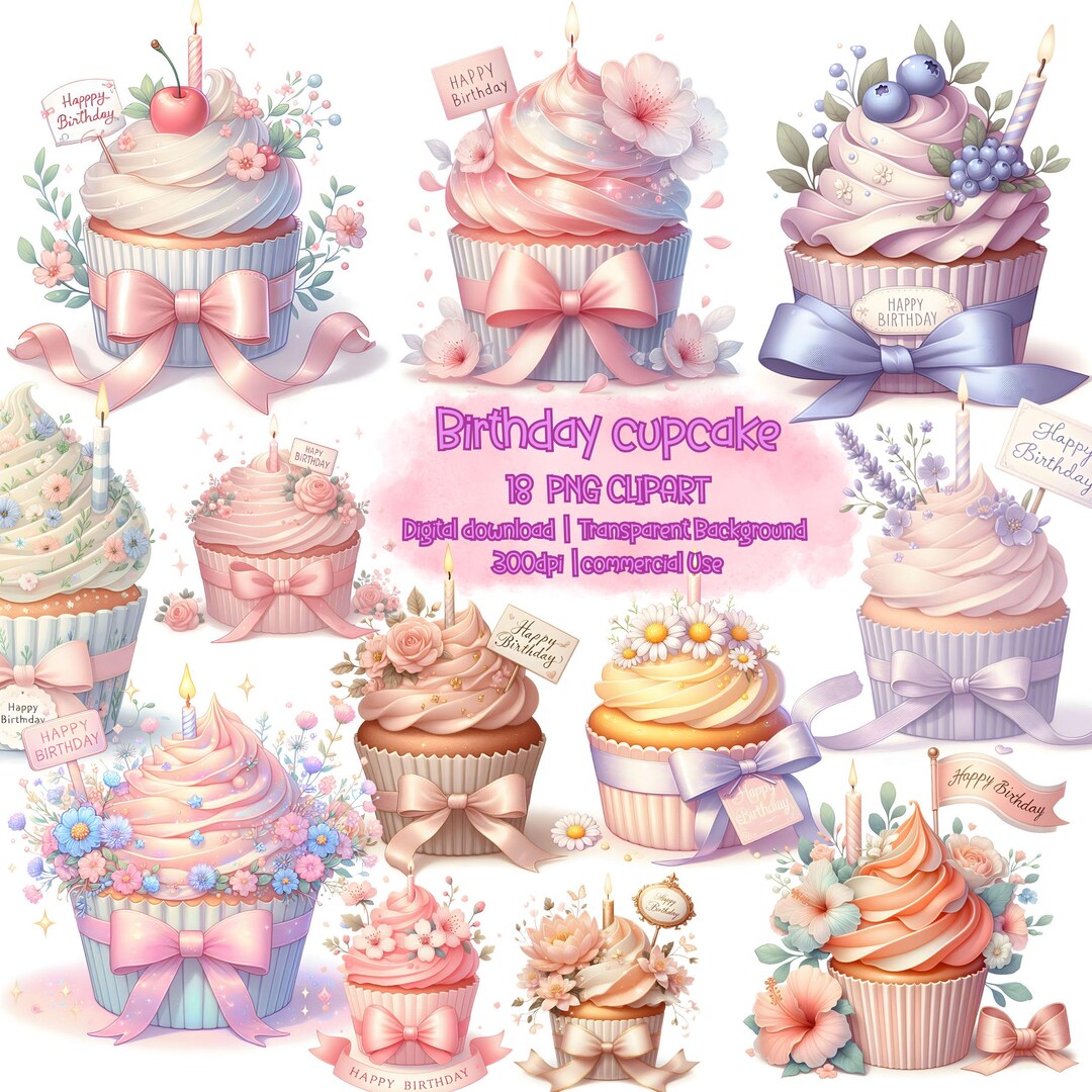 Watercolor Birthday Cupcake Clipart: Floral PNG Bundle (digital ...