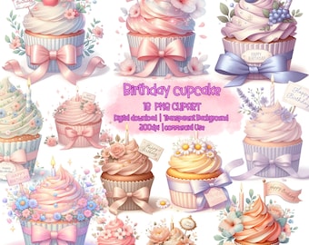 Könnte beinhalten: Ein Set mit 18 digitalen Cupcake-Clipart-Bildern. Die Cupcakes sind mit Blumen, Bändern, Kerzen und Streuseln verziert. Der Hintergrund ist transparent. Der Text "Birthday cupcake" und "18 PNG CLIPART" ist im Bild sichtbar.