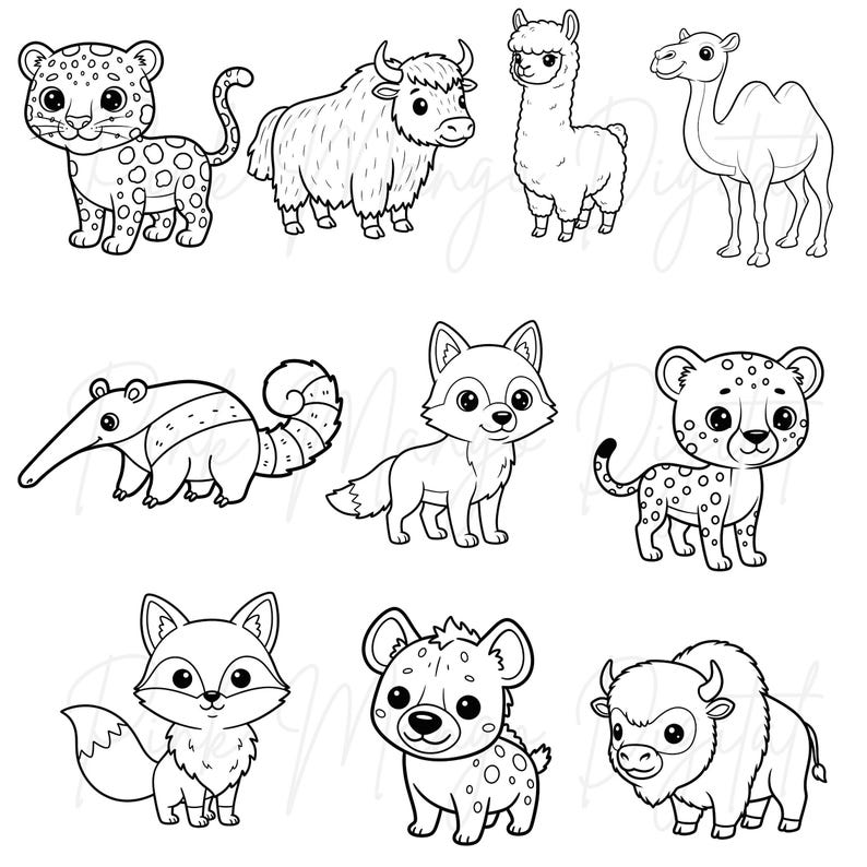 May include: Black and white line art illustrations of various animals, including a leopard, yak, llama, camel, anteater, fox, cheetah, fox, hyena, and bison. Each animal is depicted in a cartoon style with detailed features.