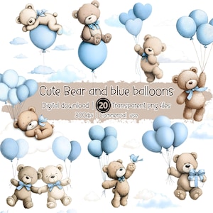 Süßer Bär und blaue Luftballons PNG Bundle | 20 Baby Bär Clipart Dateien | Blau Ballon Tier Clipart | Junge Baby Shower Decor, Kinderzimmer Kunst