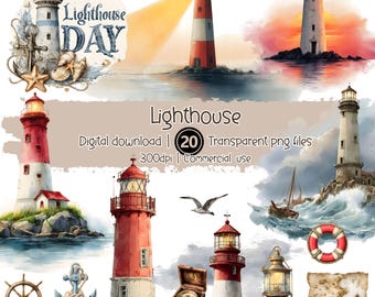Watercolor Lighthouse Clipart Bundle: 20 Nautical PNG Elements (Digital Download)
