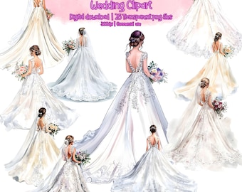 Watercolor Bride Back Floral Clipart, Wedding illustration, PNG files, Wedding Clipart Invitation, Bride Clipart, Bride Back Clipart