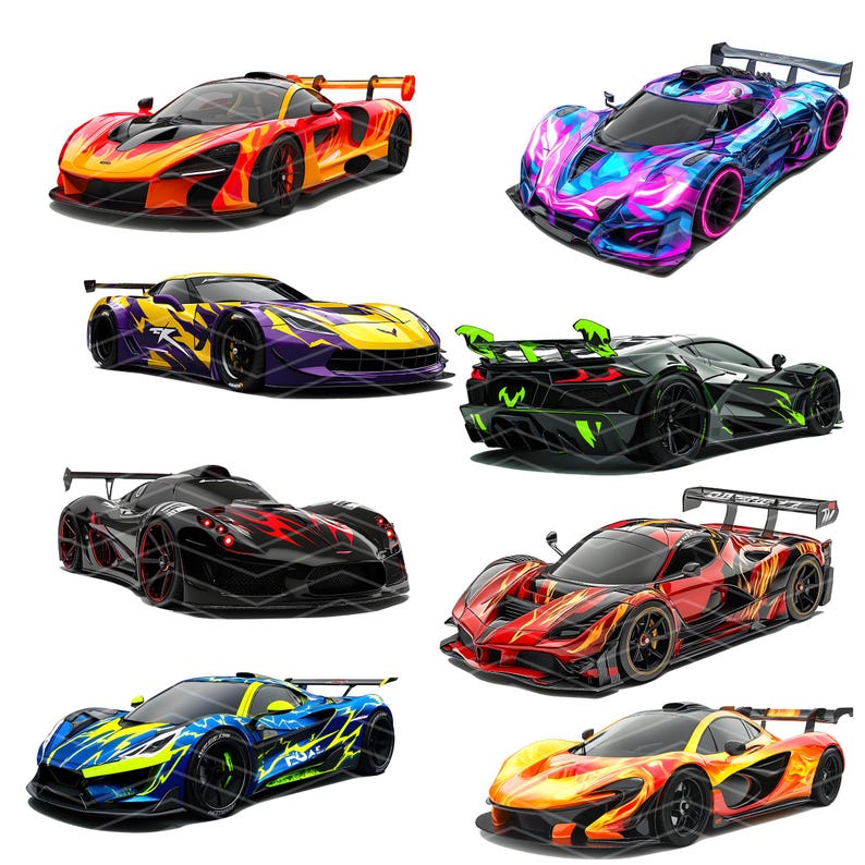 May include: Eight different supercars with custom paint jobs. The cars are all in various colors and designs, including black, red, blue, green, yellow, and orange. The cars are all in a white background.