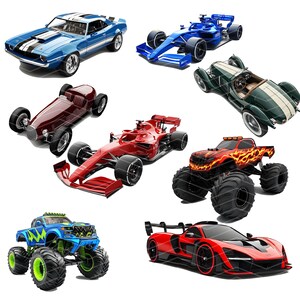May include: A collection of toy cars, including a red race car, a blue monster truck, a green classic car, a red sports car, a blue formula one race car, and a burgundy hot rod.