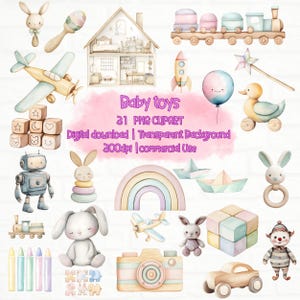 Pacote de clipart de brinquedos de bebê aquarela | Brinquedos fofos para bebês PNG | Clipart de decoração de berçário | brinquedos de madeira png Brinquedos para recém-nascidos Clipart chá de bebê