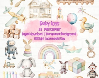 Watercolor Baby Toys Clipart Bundle | Cute Baby Toys PNG | Nursery Decor Clipart | wooden toys png Newborn Toys Clipart baby shower