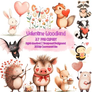 Watercolor Valentine Woodland Animal Clipart: 37 PNG Designs (Digital Download)