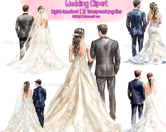 Watercolor Bride & Groom Back Clipart, Wedding illustration, PNG files, Wedding Clipart Invitation, Bride and Groom from the back Clipart