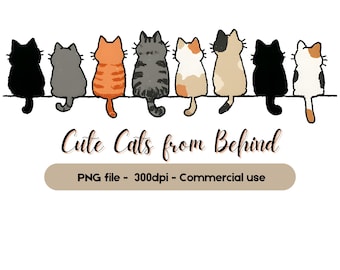 Imágenes prediseñadas de gatos lindos de espaldas, descarga digital para amantes de los gatos, ilustración de gato de espaldas para sublimación y pegatinas
