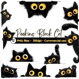 以下が含まれることがあります： 大きな黄色い目をした黒猫の漫画イラストのコレクション。猫は端の上や周りから覗いています。「Peeking Black Cat」というテキストとPNGファイルの詳細が表示されています。