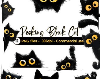 Pacchetto di clipart di gatti neri che sbirciano / PNG di simpatici gatti neri / Clip art di gatti di Halloween / Illustrazioni di gatti divertenti / Download digitale