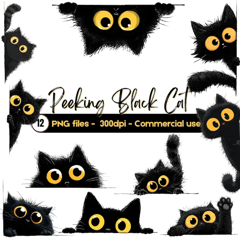 peeking black cat poster, cute cat print, home decor,... Peeking Black Cat Clipart Bundle | Cute Black Cat PNG | Halloween Cat ...