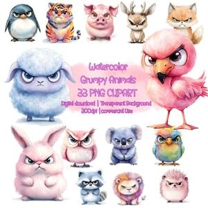 Lindo paquete de imágenes prediseñadas PNG de animales gruñones, lindo animal enojado de acuarela, animales de dibujos animados, animales de dibujos animados, perro enojado, gato, jirafa, rinoceronte, búho