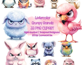 May include: A set of 33 watercolor illustrations of grumpy animals. The animals are drawn in a cartoon style and have angry expressions on their faces. The animals include a penguin, tiger, pig, deer, fox, flamingo, sheep, rabbit, owl, koala, bird, raccoon, lion, and hedgehog.
