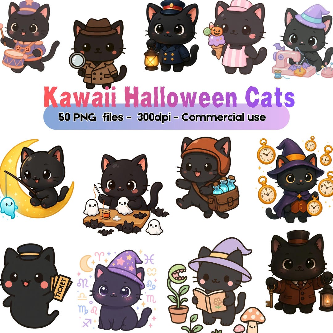 Kawaii Halloween Cats Clipart Bundle PNG, Cute Black Cat Witch PNG ...