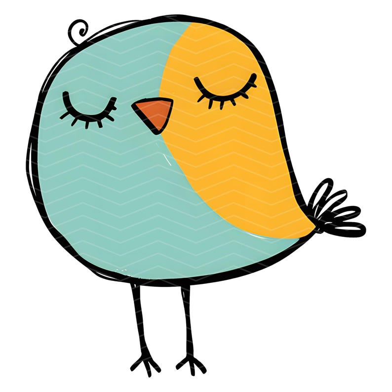May include: A round bird illustration featuring a light blue body with a subtle chevron pattern, a solid yellow wing, a small orange beak, and closed eyes with long eyelashes. The bird has thin black legs and a small black tail with three feathers.