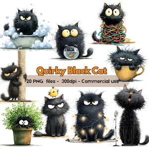 Puede incluir: Una colección de ilustraciones caprichosas con gatos negros extravagantes en varias poses. Un gato está en una bañera, otro con una pecera, y otros con cuerdas, en una taza y con un micrófono. También está presente el texto "Quirky Black Cat".
