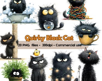 Pacchetto di clipart di gatti neri stravaganti, PNG di gatti divertenti, illustrazioni di gatti neri carini, download digitale, sublimazione per amanti dei gatti, uso commerciale