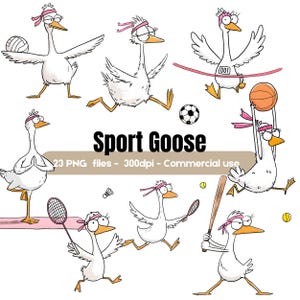 May include: A set of cartoon geese in sporting poses. The white geese with orange beaks and feet wear pink headbands. Sports depicted include basketball, football, tennis, baseball, and running. The image includes the text "Sport Goose".