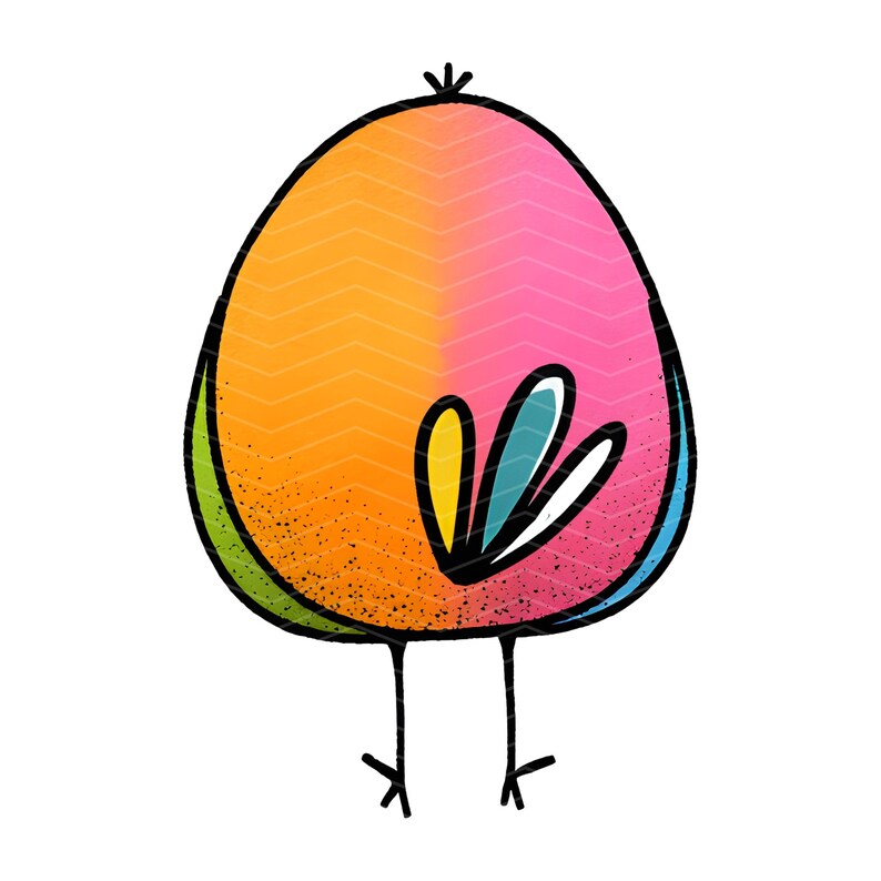 May include: A stylized illustration of a round bird with a gradient orange and pink body, featuring a green side, a blue edge, and a wing composed of yellow, teal, and white segments. The bird has thin black legs and a small tuft on its head.