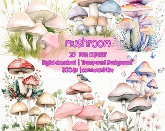Watercolor Mushroom Clipart Bundle: 20 PNG Designs (Digital Download)