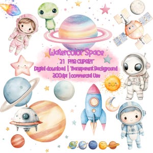 Aquarell Weltraum Clipart Bundle, Astronauten Planeten Sterne Aliens Raketen Sonne Mond Raumschiff Weltraum Clipart, Kinderzimmer Dekor
