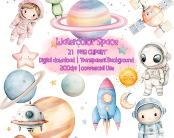 Watercolor Space Clipart Bundle: Astronauts, Planets, Rockets (Digital Download)