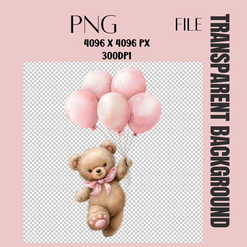 Cute Teddy Bear With Pink Balloons PNG, Baby Shower Clipart, Nursery ...