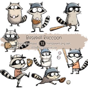 Zestaw clipartów Baseball Raccoon | Zabawne sportowe zwierzęta PNG | Urocze ilustracje baseballowe Raccoon | Clipart sportowy dla dzieci do scrapbookingu i na koszulkę