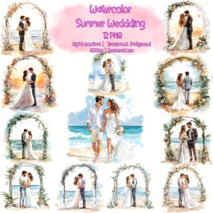 Aquarelle mariage d'été Clipart, illustration de mariage, mariage PNG, mariage en clipart été, Summer Bride & Groom PNG, mariage sur la plage