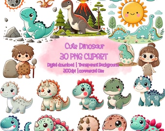 Puede incluir: Un conjunto de 30 imágenes de clipart de dinosaurios lindos. El clipart incluye dinosaurios de varios colores, incluidos verde, azul, marrón y rojo. Los dinosaurios están en varias poses, incluyendo de pie, sentados y corriendo. El clipart también incluye un volcán, un sol, nubes y un cavernícola. El clipart es perfecto para usar en una variedad de proyectos, como scrapbooking, creación de tarjetas y diseño digital.