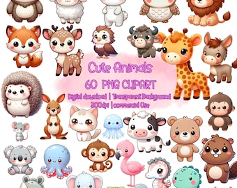 May include: A set of 60 cute animal illustrations in PNG format. The animals are drawn in a cartoon style and include a sloth, a sheep, a rabbit, an owl, a lion, a fox, a deer, a bird, a cow, a giraffe, a donkey, a hedgehog, a kangaroo, a cat, a jellyfish, a bear, a monkey, a flamingo, a seahorse, a dinosaur, a crab, a frog, a dolphin, an octopus, an elephant, a chick, and a rhinoceros.