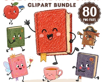 80 Boekclub Clipart PNG, Leuke Lezende Personages, Boekenliefhebber Clipart, Boekenliefhebbers Personages, Lezen PNG, Handgetekende Kleurpotlood Clipart