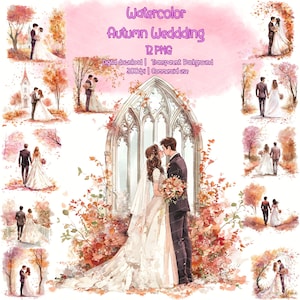 Aquarelle automne mariage Clipart, illustration de mariage, mariage PNG, mariage en automne Clipart, automne mariée et le marié PNG
