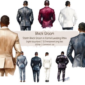Clipart de novio negro en acuarela, ilustración de boda, hombre con traje, clipart de novio elegante con traje de boda, novio negro con estilo