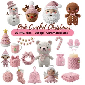 May include: A collection of pink crochet Christmas ornaments and figures, including a snowman, reindeer, Santa, gingerbread man, Christmas tree, garland, mug, bear, candy cane, mittens, elf, gift, wreath, angel, bell, stocking, and blanket. The text "Pink Crochet Christmas" is displayed.