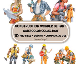 Watercolor Construction Worker Clipart Bundle: 10 PNG Images (Digital Download)