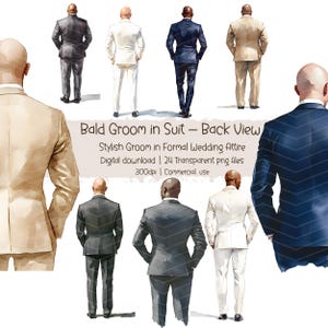 Noivo careca aquarela em terno – Vista traseira, Ilustração de casamento, Convite de clipart de casamento, Clipart de noivo careca, Homem de terno, Noivo estiloso