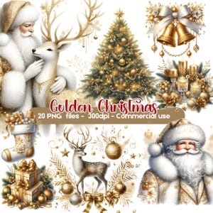 Puede incluir: Ilustración digital con temática navideña dorada. La imagen presenta a Papá Noel, un reno, un árbol de Navidad decorado, campanas, velas, regalos y adornos. El texto "Golden Christmas" se muestra.
