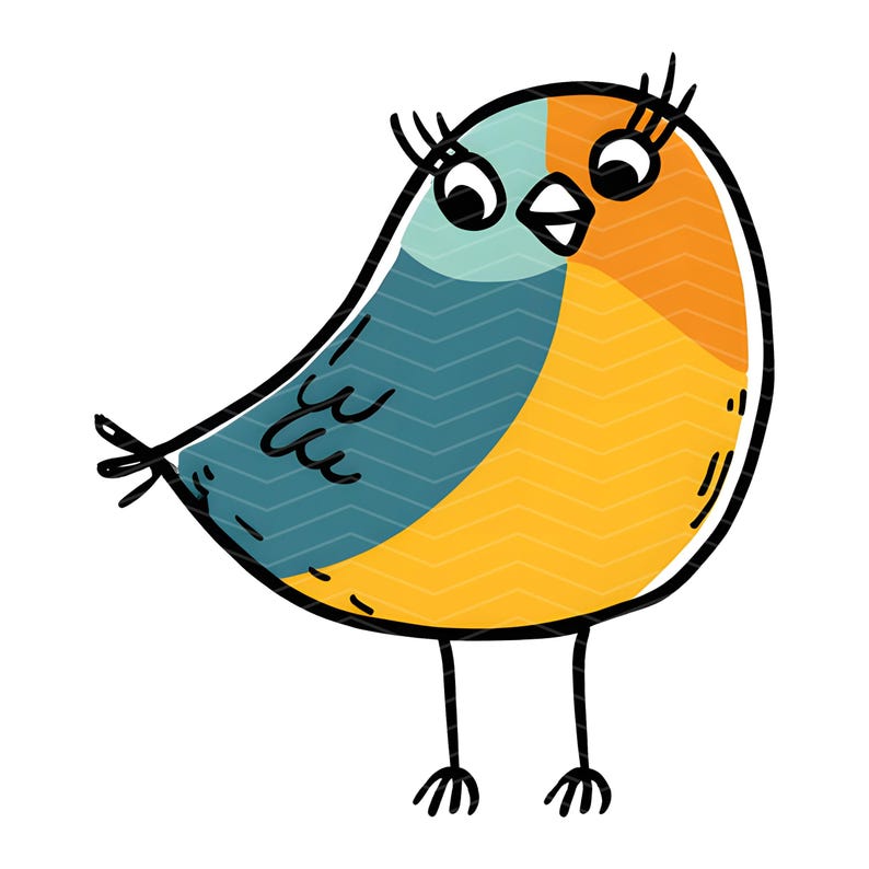 May include: A stylized illustration of a small bird with a rounded body, featuring a blue wing section, a yellow chest, and a light blue head. The bird has long black eyelashes, a small white beak, and thin black legs, all outlined in bold black.