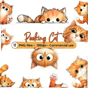 Puede incluir: Ilustraciones en acuarela de gatos atigrados naranjas en varias poses. Algunos gatos se asoman por encima de una superficie blanca, mientras que otros miran directamente al espectador. El texto "Peeking Cat" se muestra en una fuente manuscrita, con información sobre el tipo de archivo y el uso comercial.
