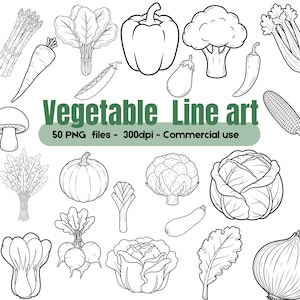 Op de afbeelding: Zwart-wit lijntekeningen van diverse groenten, waaronder asperges, wortelen, spinazie, paprika's, broccoli, aubergine, chilipepers, maïs en meer. De tekst "Vegetable Line art" wordt weergegeven.