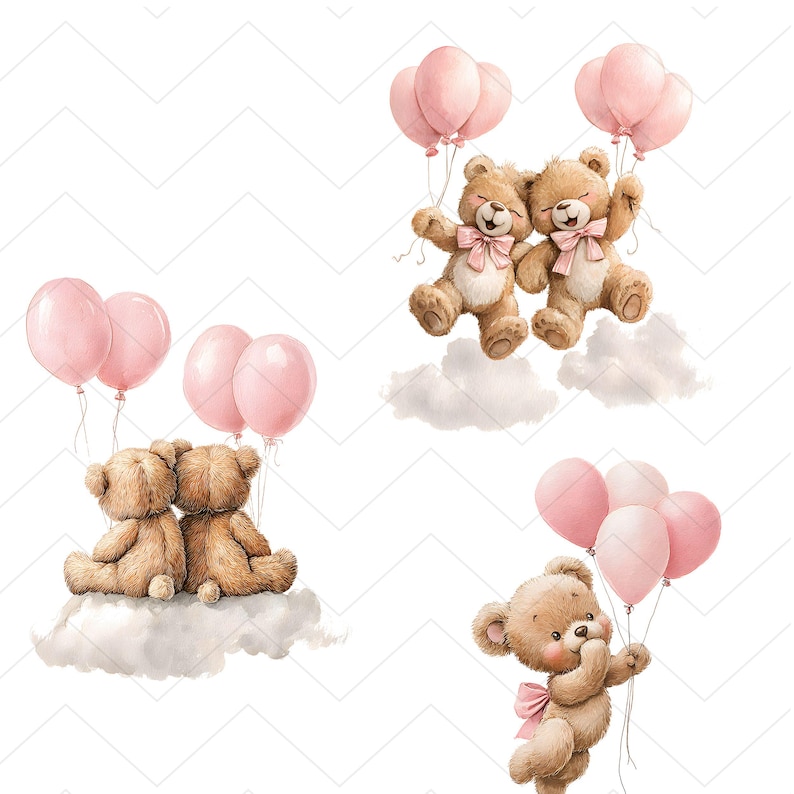 Cute Teddy Bear With Pink Balloons PNG Clipart Bundle, Baby Shower ...