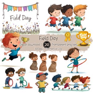 Zestaw clipartów Field Day PNG | Ilustracje na dzień sportu dla dzieci | Grafiki wydarzeń szkolnych | Pobieranie cyfrowe 300 DPI