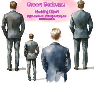 Akwarela Pan Młody z Tyłu Clipart, Ilustracja Ślubna, Zaproszenie Ślubne Clipart, Pan Młody Clipart, Pan Młody Z Tyłu Clipart, Mężczyzna w Garniturze